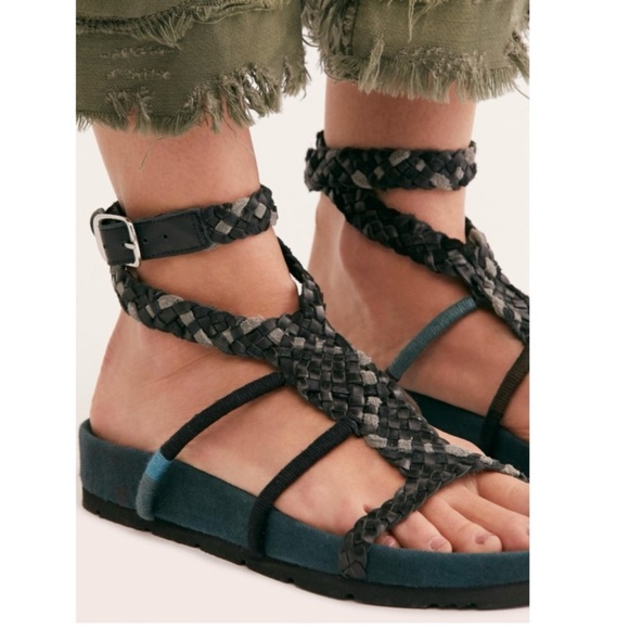 Free People Denali Woven Leather Braided Ankle Wrap Sandal Size 39 Black & Green - Picture 2 of 16